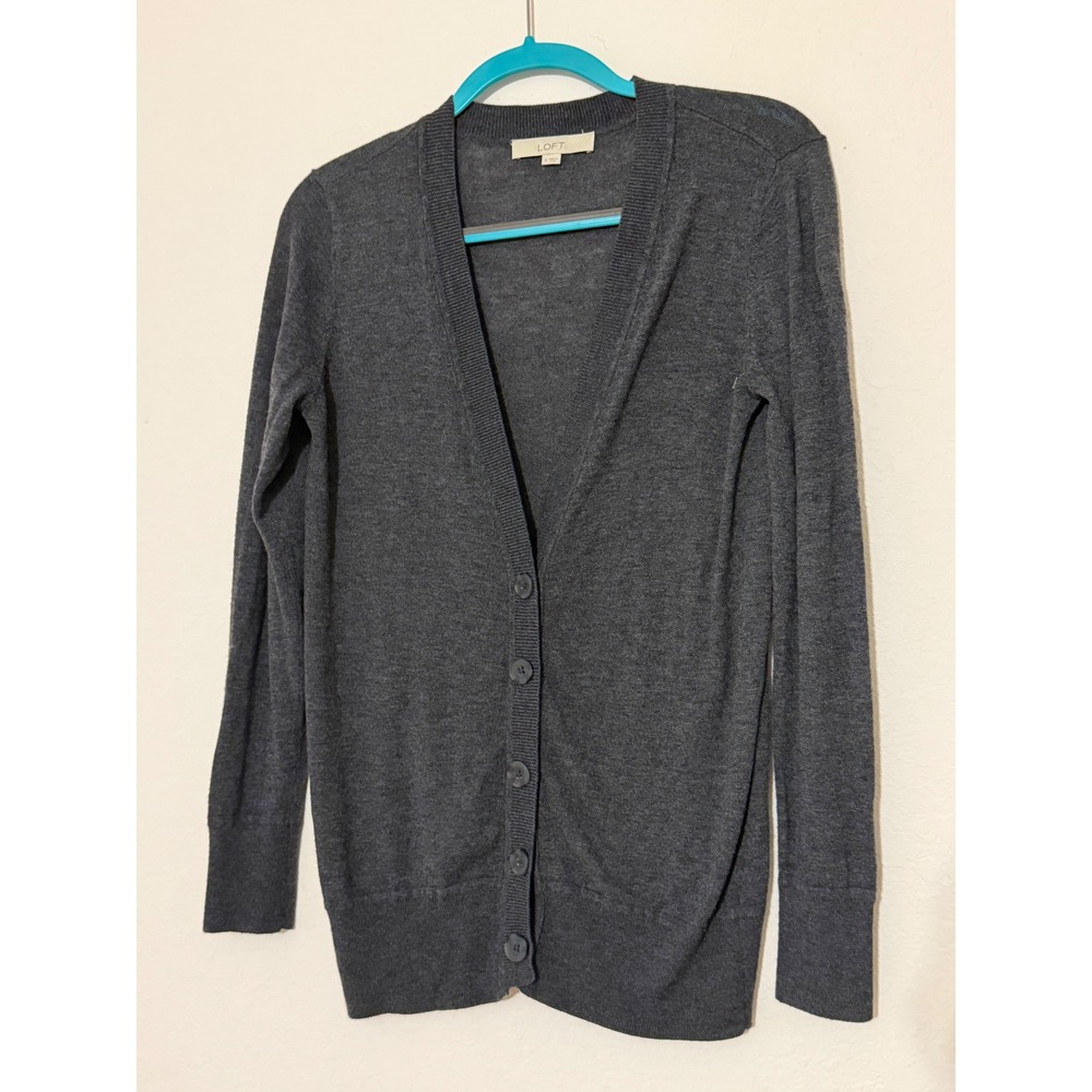 Ann Taylor Loft Charcoal Gray Wool Blend V-Neck Button Front Cardigan Small